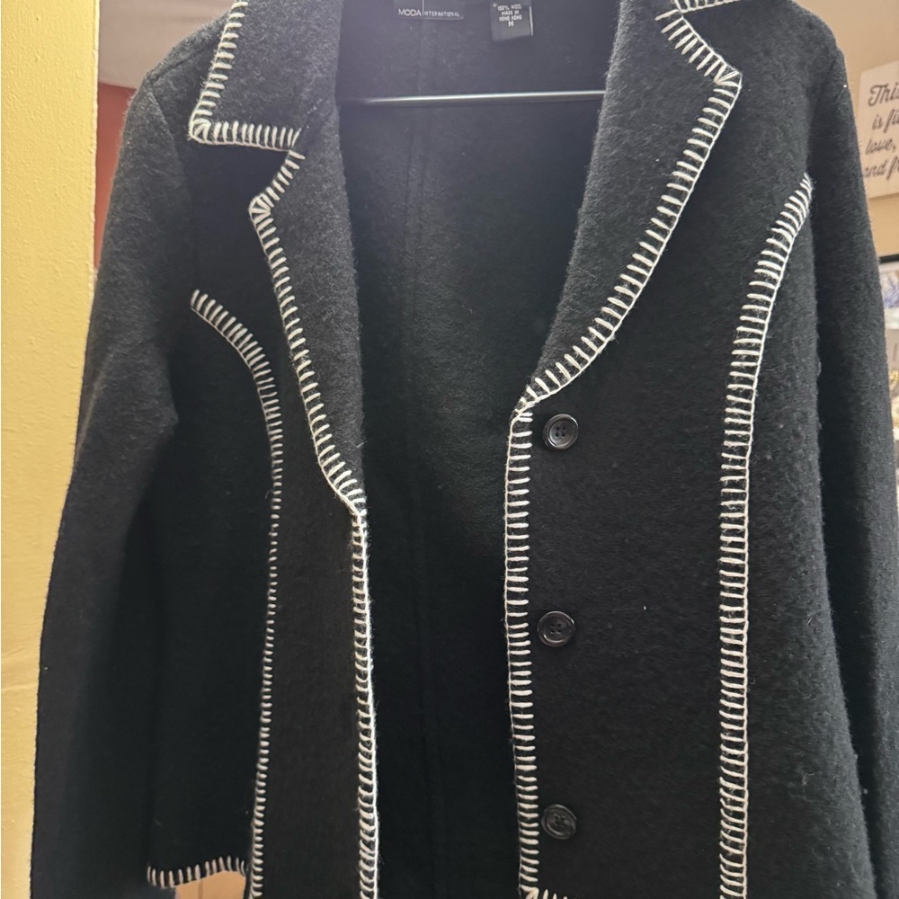 Women's Black Wool Jacket with White Stitching